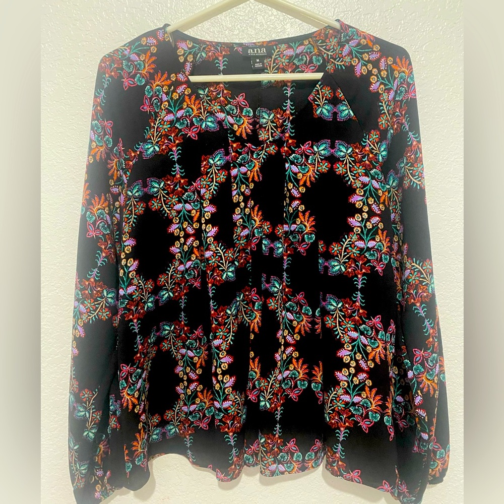 ANA A New Approach Floral Boho Blouse Womens Medium Long Sleeve Peasant Top